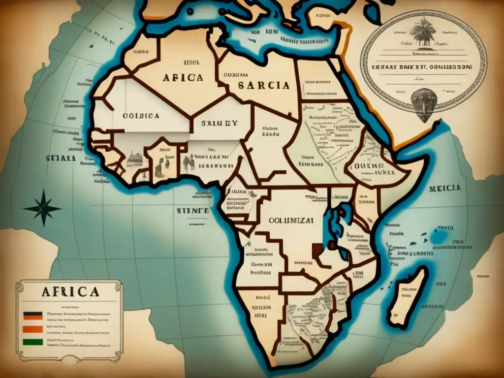 Mapa vintage de África con expediciones y colonización europea, evocando nostalgia y legado cultural