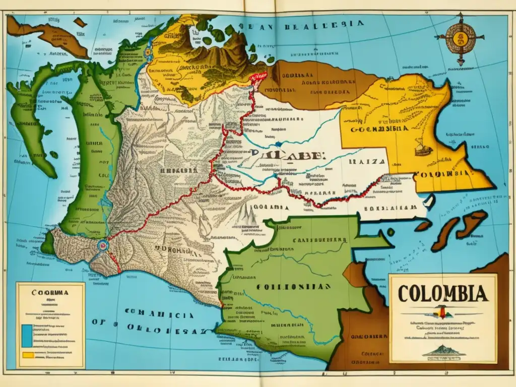 Mapa detallado de la conquista de Colombia: territorios, rutas y batallas entre españoles y Muisca