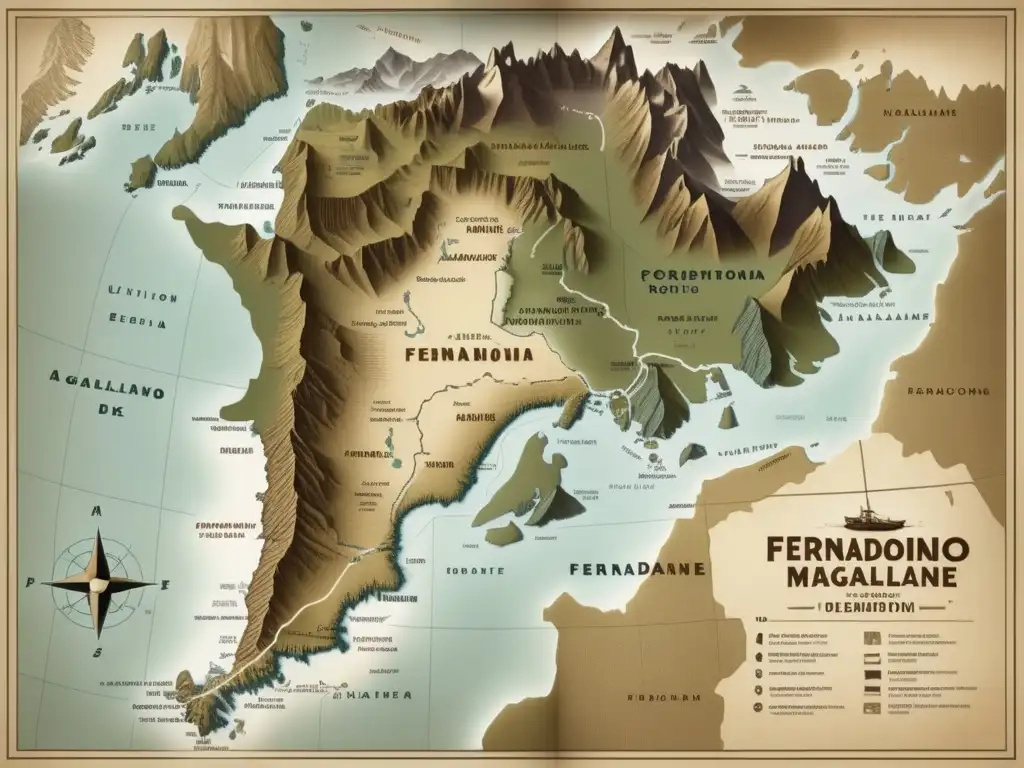 Descubrimiento Patagonia: Mapa histórico con ruta de Magallanes y encuentro cultural