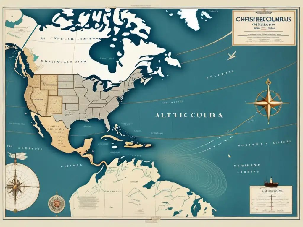 Descifrando Rutas Náuticas de Colón: Mapa detallado del Océano Atlántico con sus rutas, ilustraciones de sus barcos y puntos de interés histórico