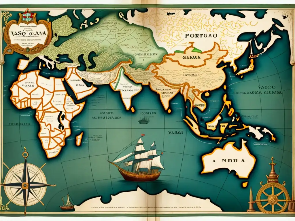 Mapa detallado del histórico viaje de Vasco da Gama a India, con elementos decorativos y colores sepia