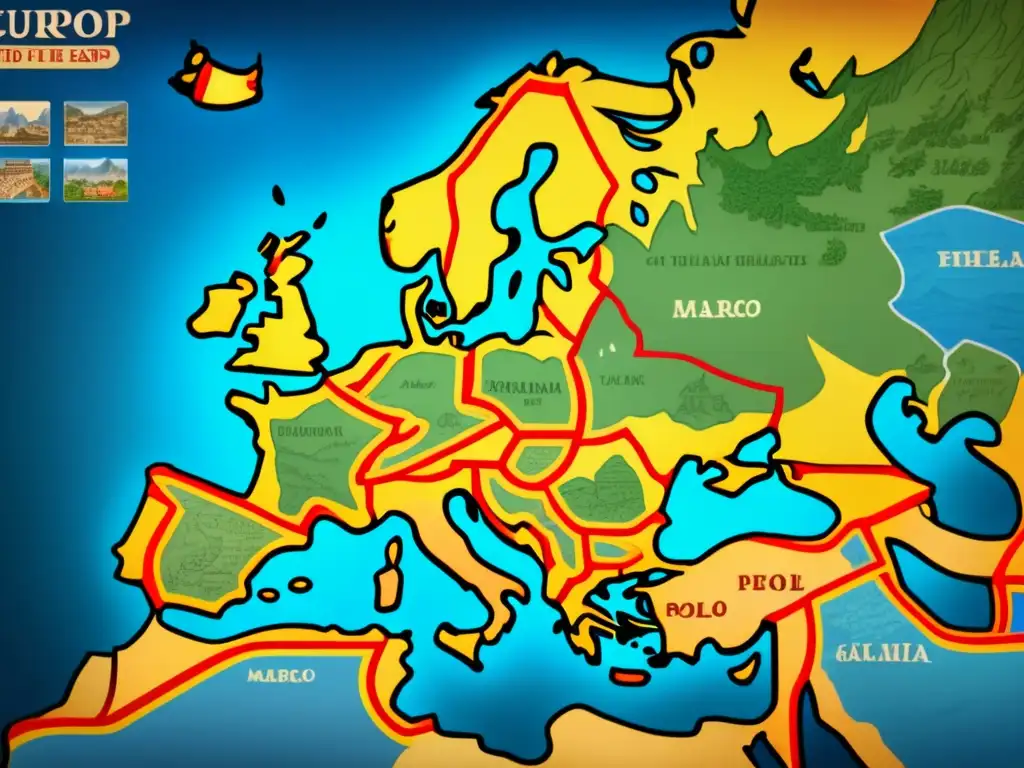 Mapa detallado 8k de Europa y el Lejano Oriente con las maravillas vistas por Marco Polo