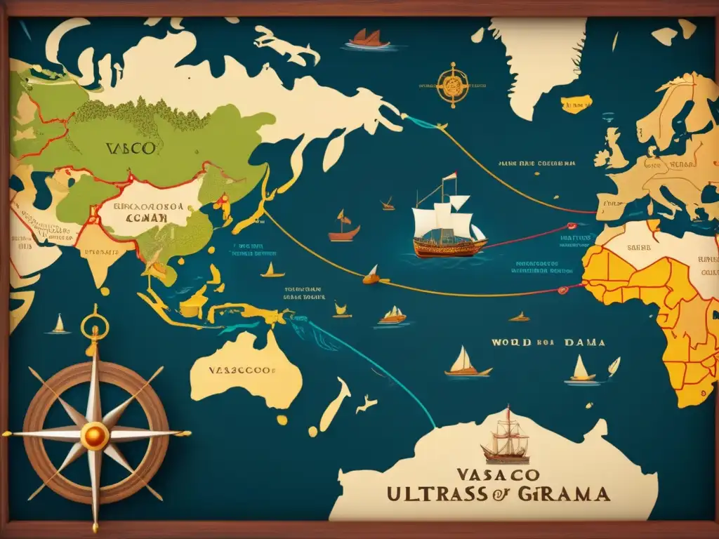 Mapa ilustrado de la hazaña de Vasco da Gama en su primer viaje: ruta desafiante, detalles vibrantes y estética vintage