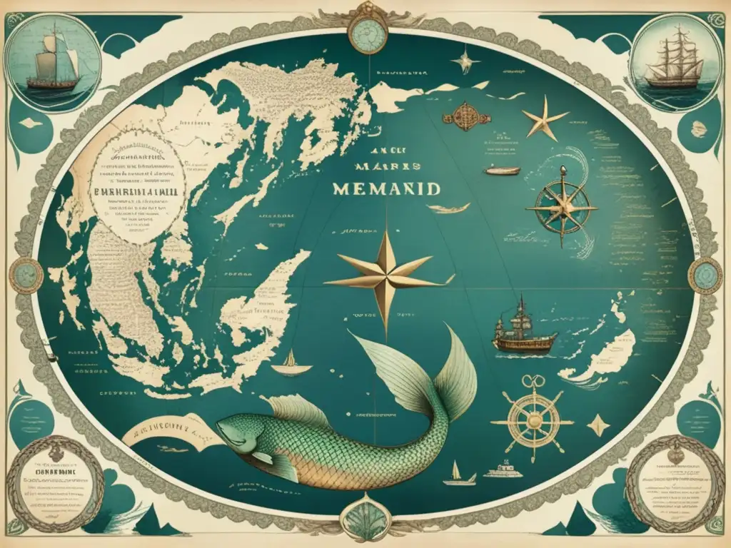 Ilustración vintage de mapa marítimo con detalles de leyendas marítimas del siglo XVII y enigma de la sirena