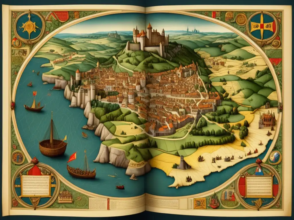 Mapa medieval detallado- Descifrando códigos de cartografía medieval: Mapa antiguo detallado en pergamino