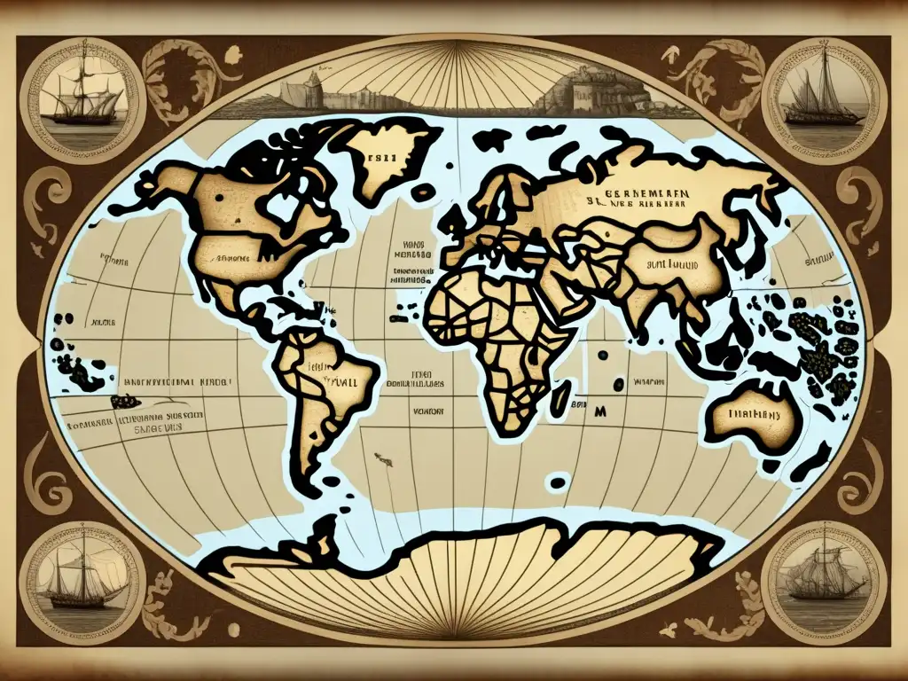 Mapa antiguo del mundo en el siglo XVIII: Expediciones y descubrimientos del siglo XVIII