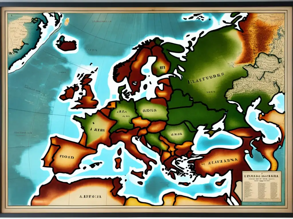 Un antiguo mapa del mundo detallado, enmarcado y desgastado con el tiempo, muestra Europa, África y Asia