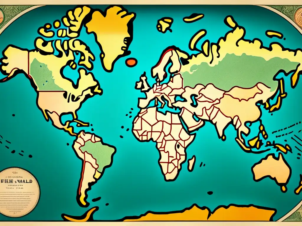 Mapa mundial vintage en 8k con detalles, colores desgastados y bordes envejecidos