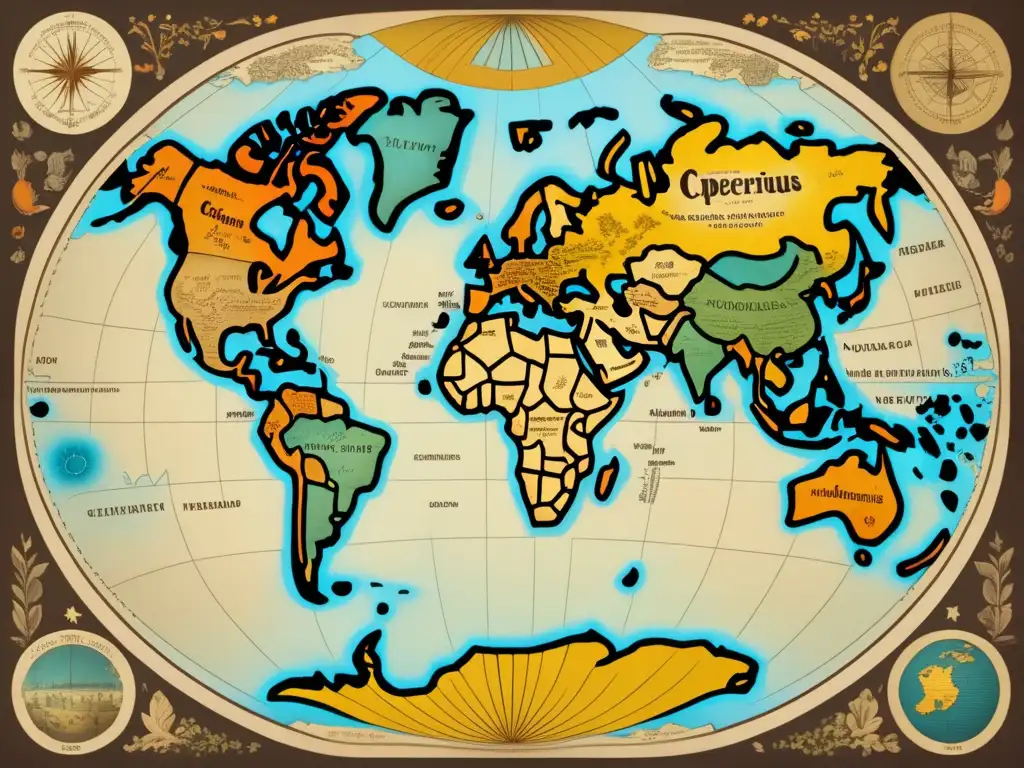 Ilustración vintage de mapa mundial con descubrimientos que cambiaron el mundo