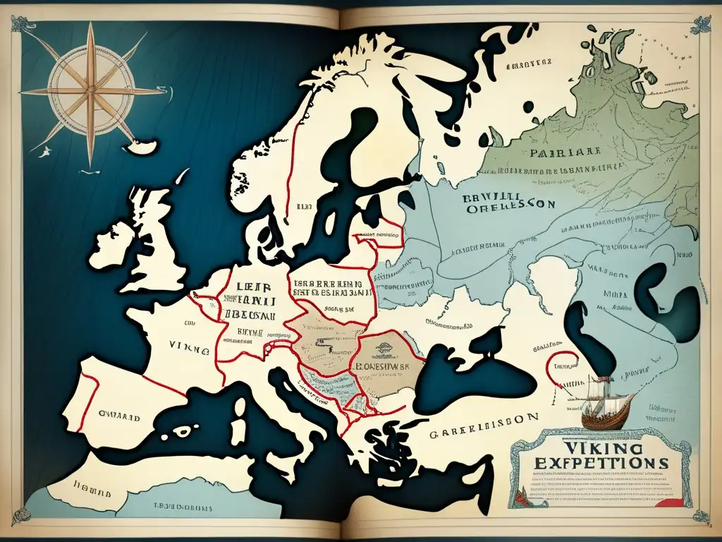 Mapa detallado de las expediciones vikingas, con rutas de Leif Erikson, asentamientos en Groenlandia y viaje misterioso de Bjarni Herjólfsson