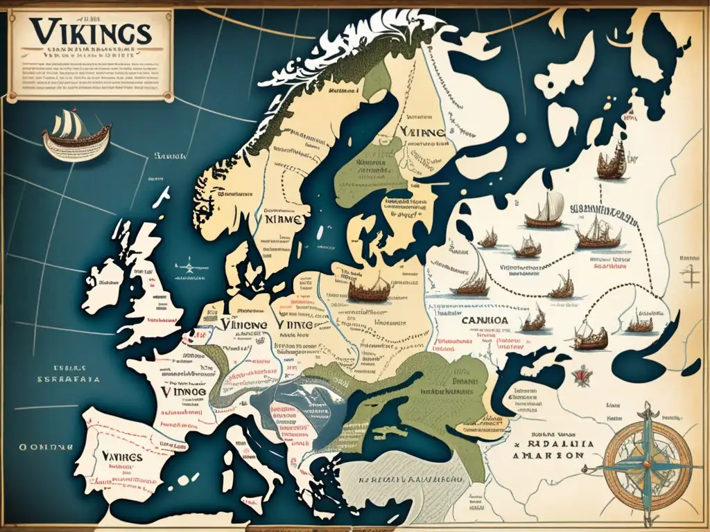 Mapa detallado de rutas terrestres vikingas, con ilustraciones de barcos y anotaciones informativas