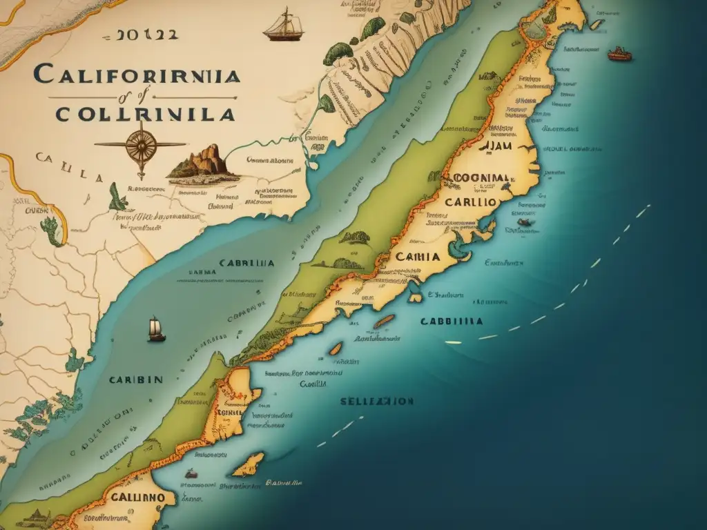 Mapa vintage de la costa de California, con detalles de la exploración y colonización de Juan Rodriguez Cabrillo