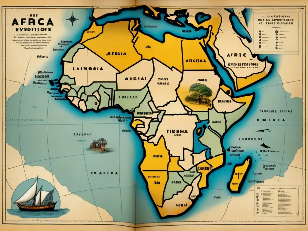 Mapa vintage de África con detalles de regiones, ríos y montañas