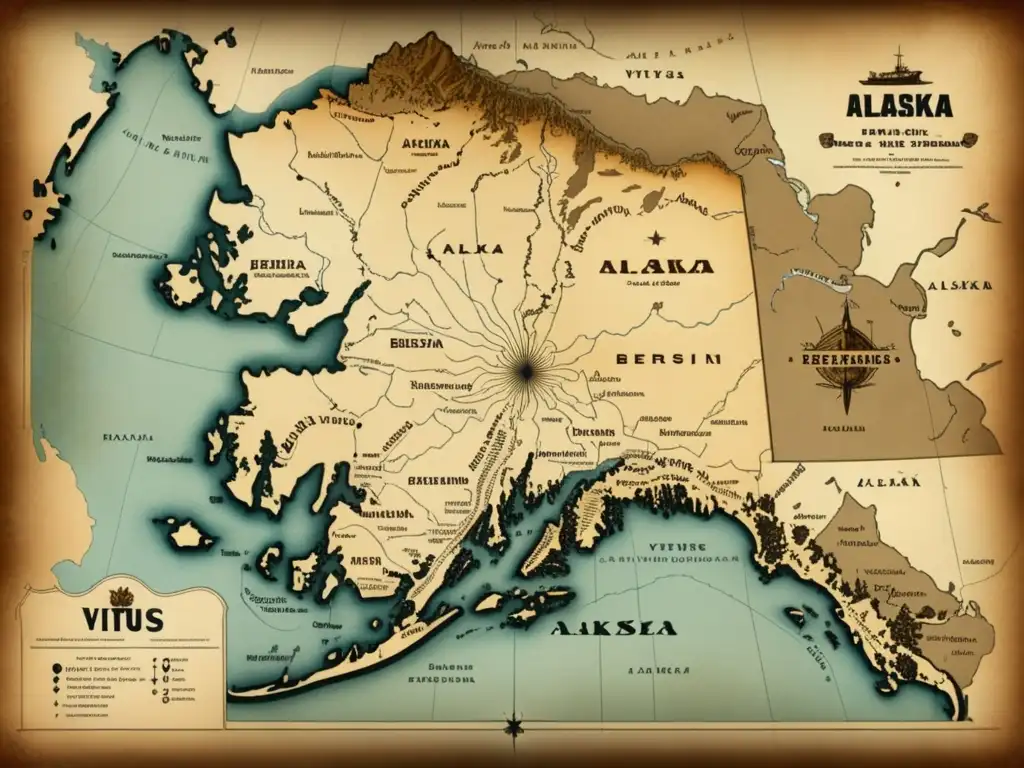 Mapa detallado de Alaska, con expediciones de Vitus Bering, fortalezas rusas y retos de Aleksandr Baranov