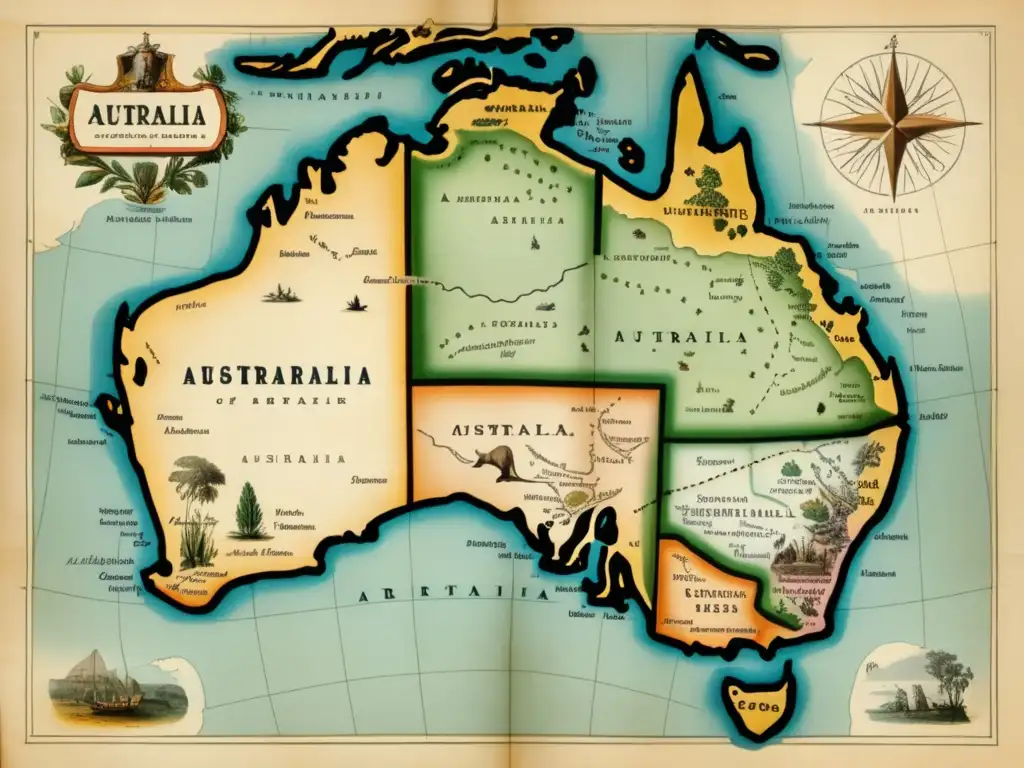 Mapa vintage de Australia con flora y fauna nativa