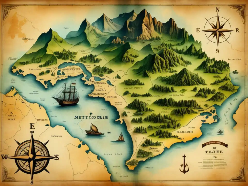 Un mapa detallado de un explorador vintage, dibujado meticulosamente con tinta desvanecida en pergamino envejecido