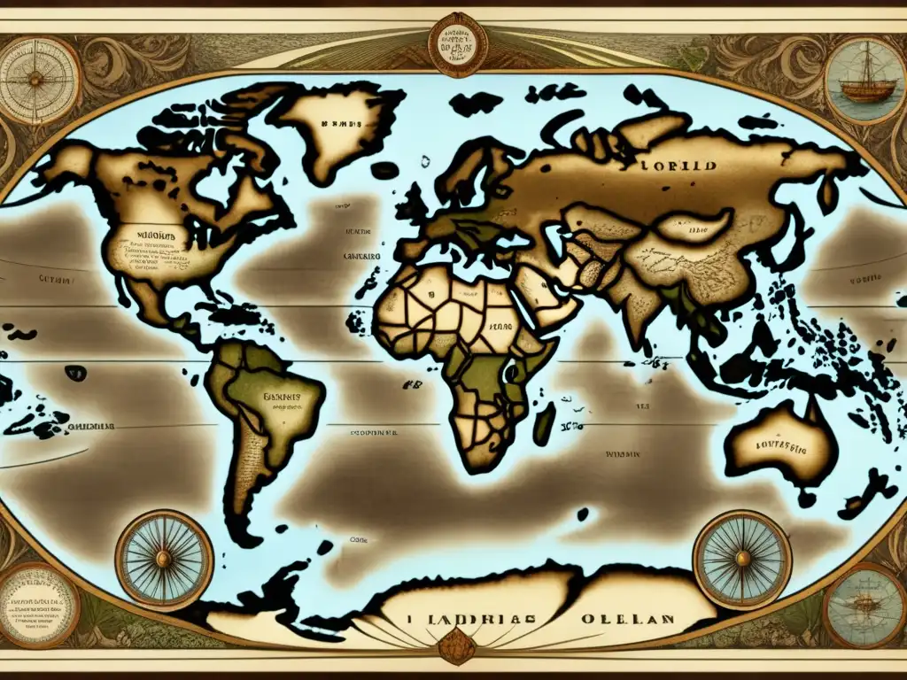 Mapa antiguo del mundo del siglo XVI con detalles de exploradores del Siglo XVI