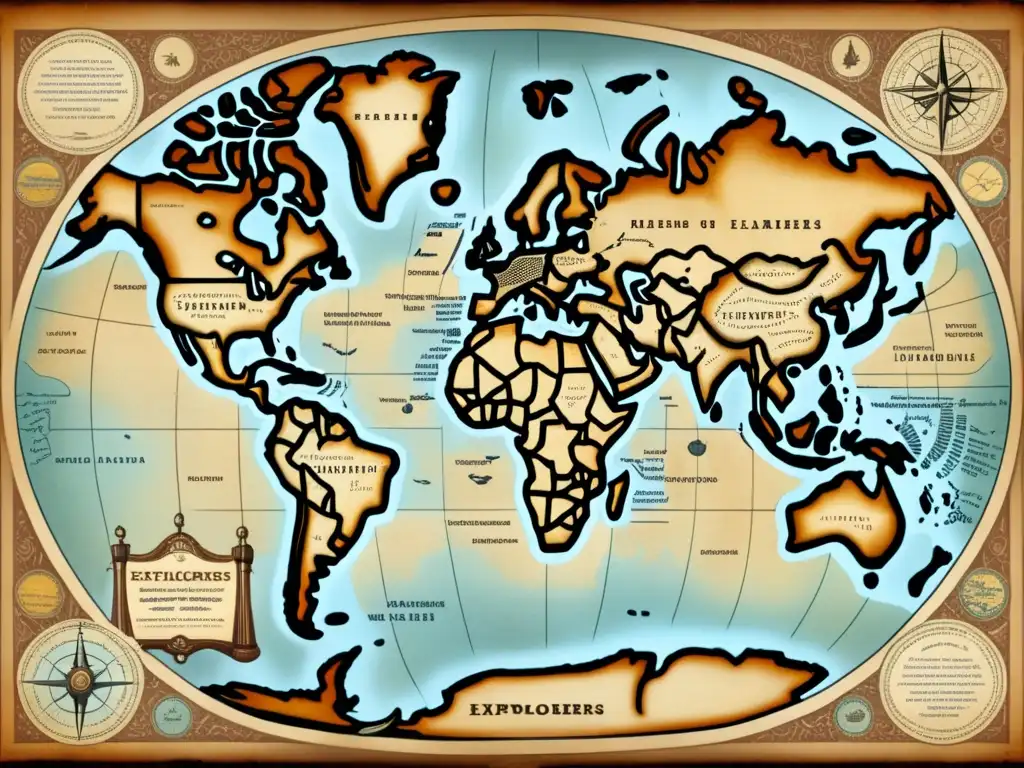 Mapa histórico de exploradores con rutas destacadas y elementos náuticos, evocando la nostalgia y el costo ambiental de los descubrimientos