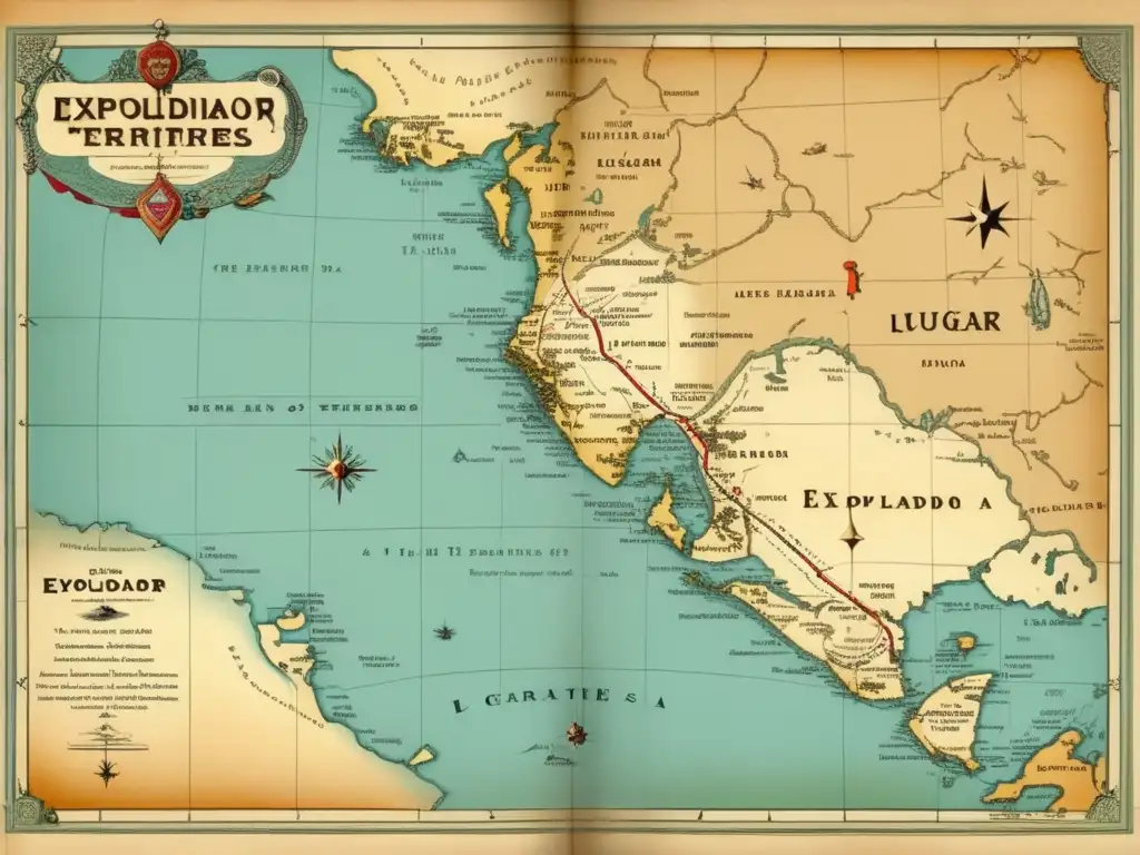 Mapa vintage de territorios inexplorados, rutas de Explorador A y B, búsqueda de la Fuente de la Juventud en el siglo XVIII