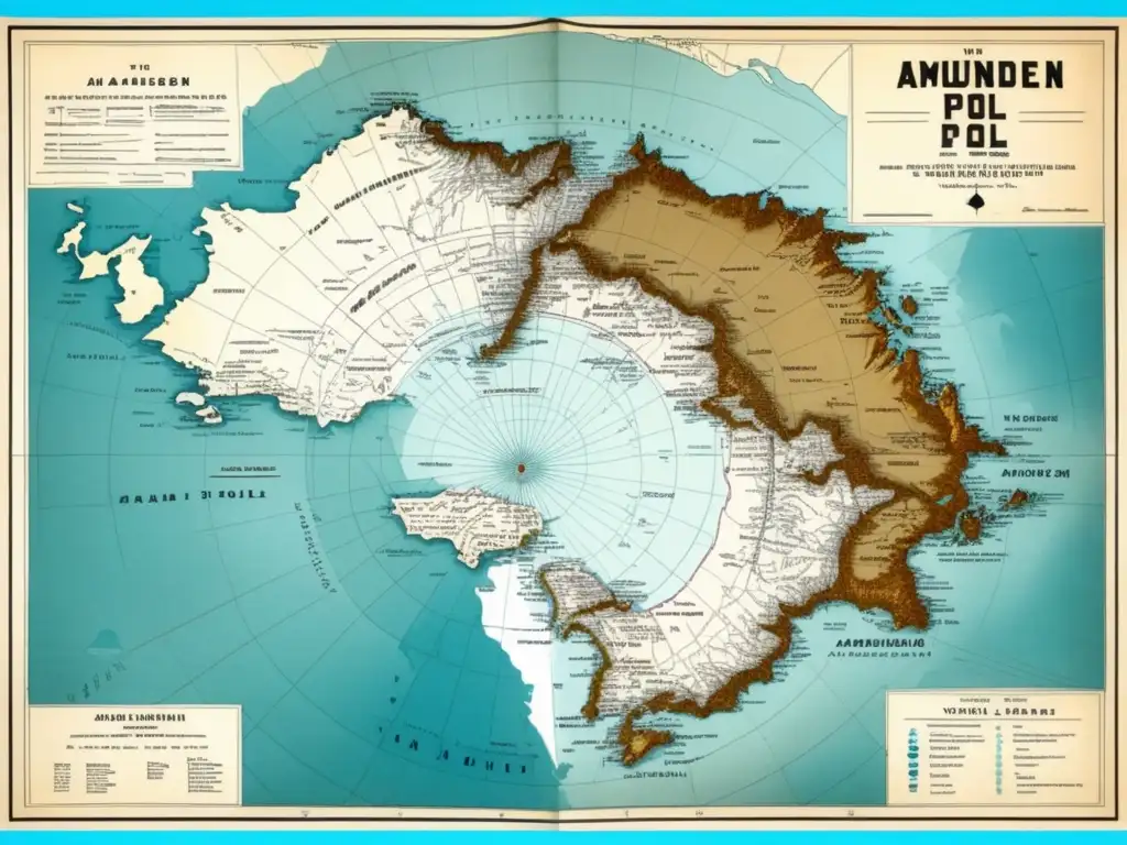 Mapa vintage de la ruta de Amundsen hacia el Polo Sur, con detalles históricos y desafíos del viaje