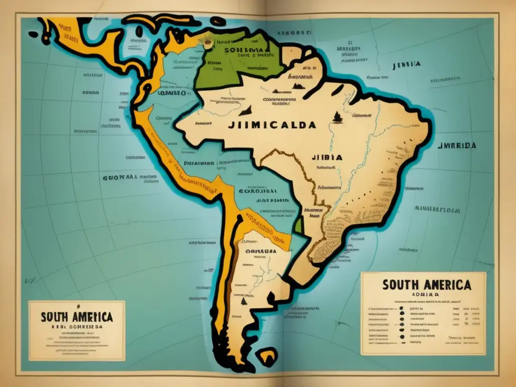 Mapa vintage de Sudamérica: La ruta de Gonzalo Jiménez de Quesada en su expedición