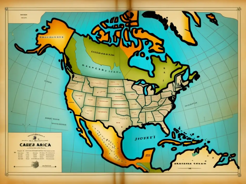 Mapa vintage de la travesía de Cabeza de Vaca por Norteamérica