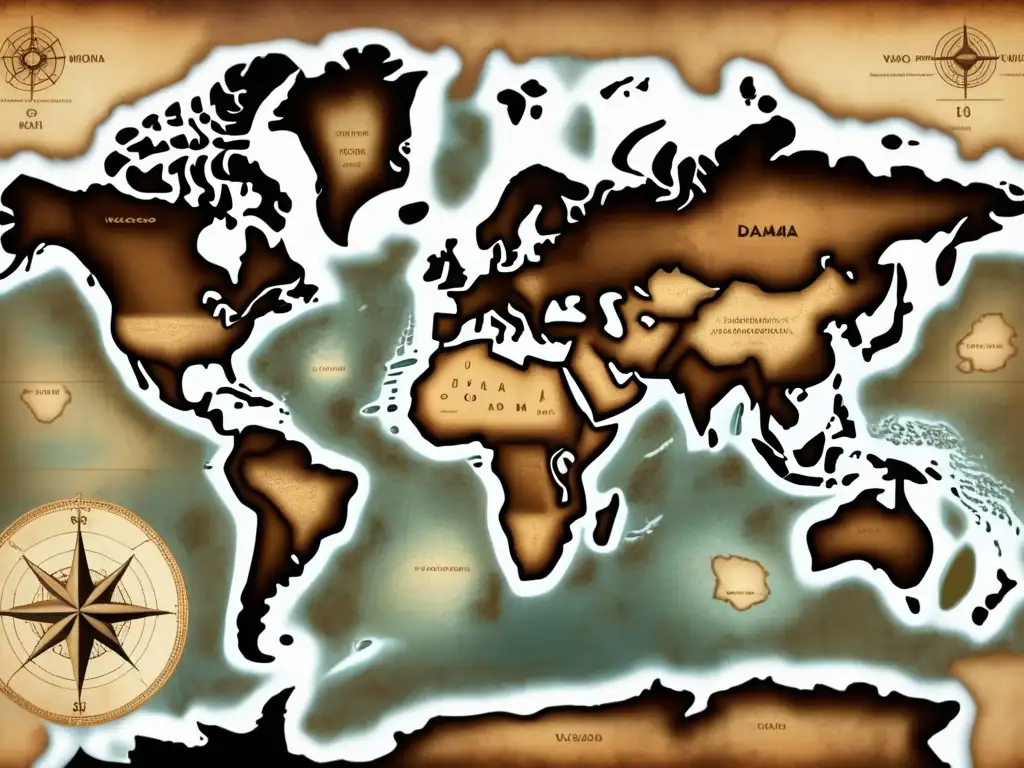 Mapa antiguo del mundo con la ruta de Vasco da Gama: La audacia de navegar hacia lo desconocido