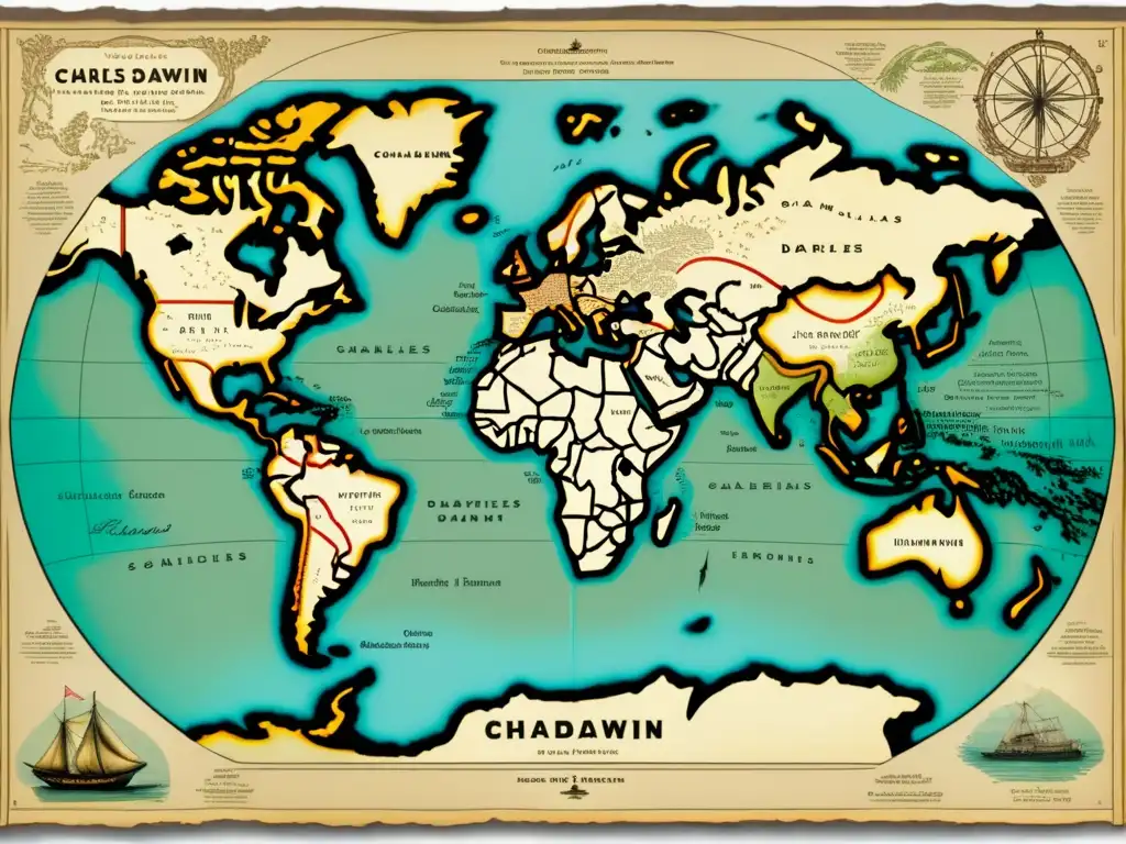 Mapa vintage de las expediciones de Charles Darwin con ilustraciones de especies descubiertas