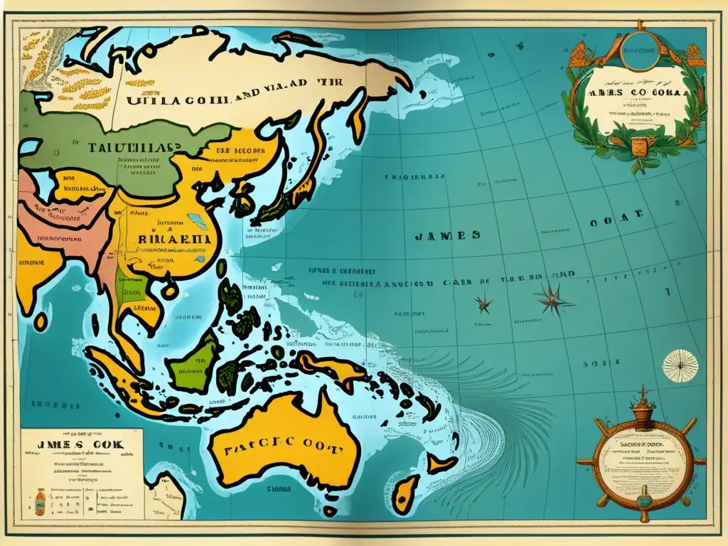 Mapa antiguo de las expediciones de James Cook en el Pacífico