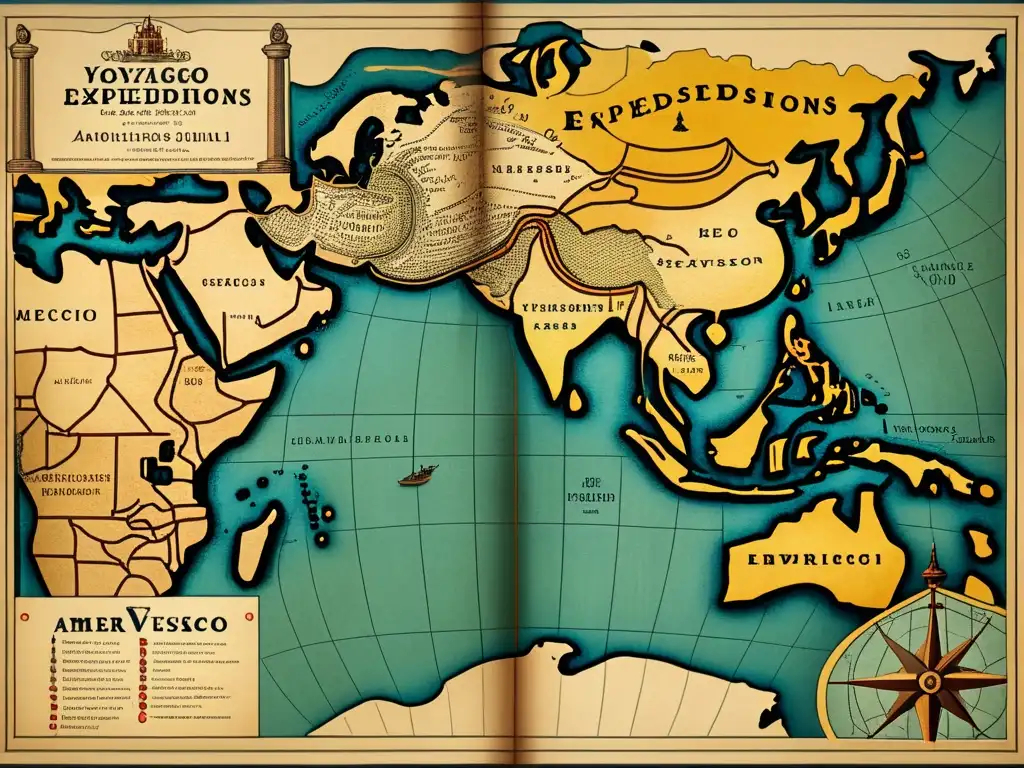 Mapa vintage de las expediciones de Amerigo Vespucci: rutas, costas, islas y lugares históricos con detallada precisión