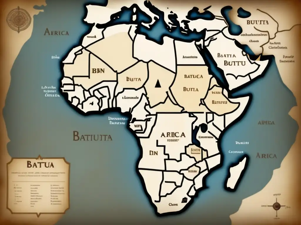 Mapa vintage de rutas exploradas por Ibn Battuta en África: Contribuciones históricas y geográficas del explorador