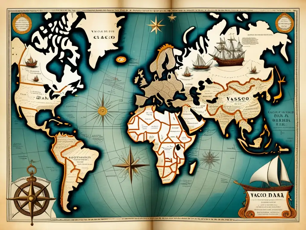 Mapa detallado de las rutas y viajes de Vasco da Gama durante la Era de los Descubrimientos