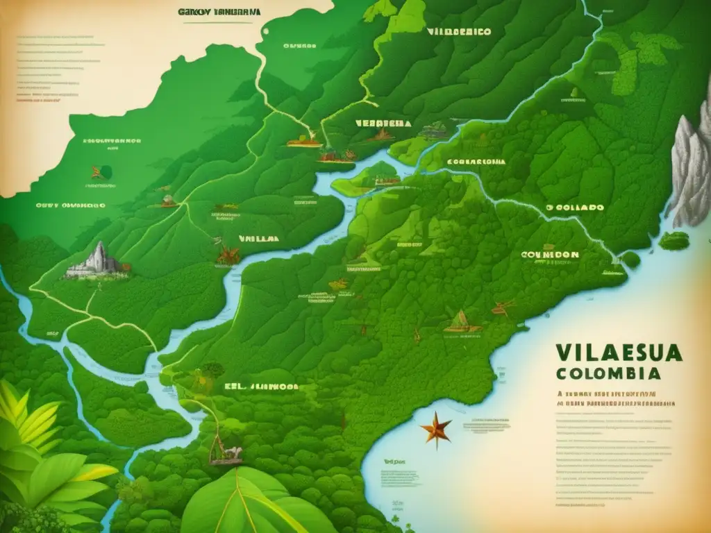 Mapa vintage de junglas en Venezuela y Colombia, con expediciones al El Dorado