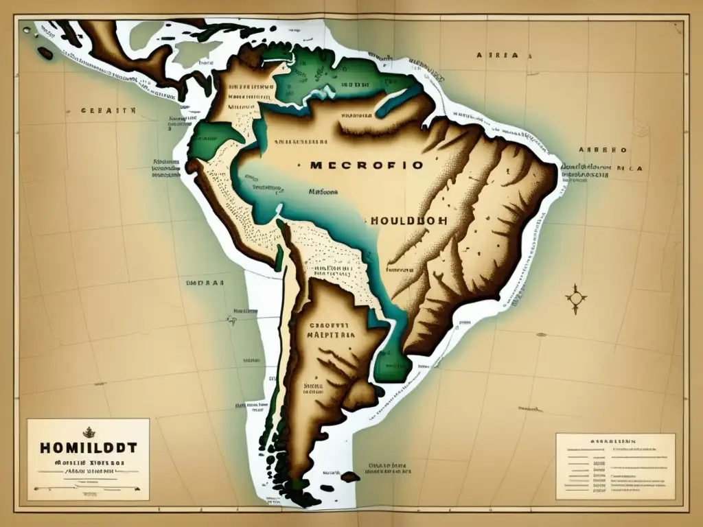 Mapa vintage detallado de América del Sur: La travesía de Humboldt, flora y fauna, instrumentos científicos