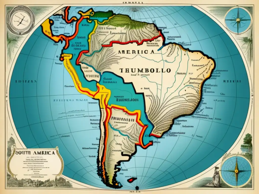 Mapa vintage de América del Sur con detalles de terrains, ríos y características geográficas