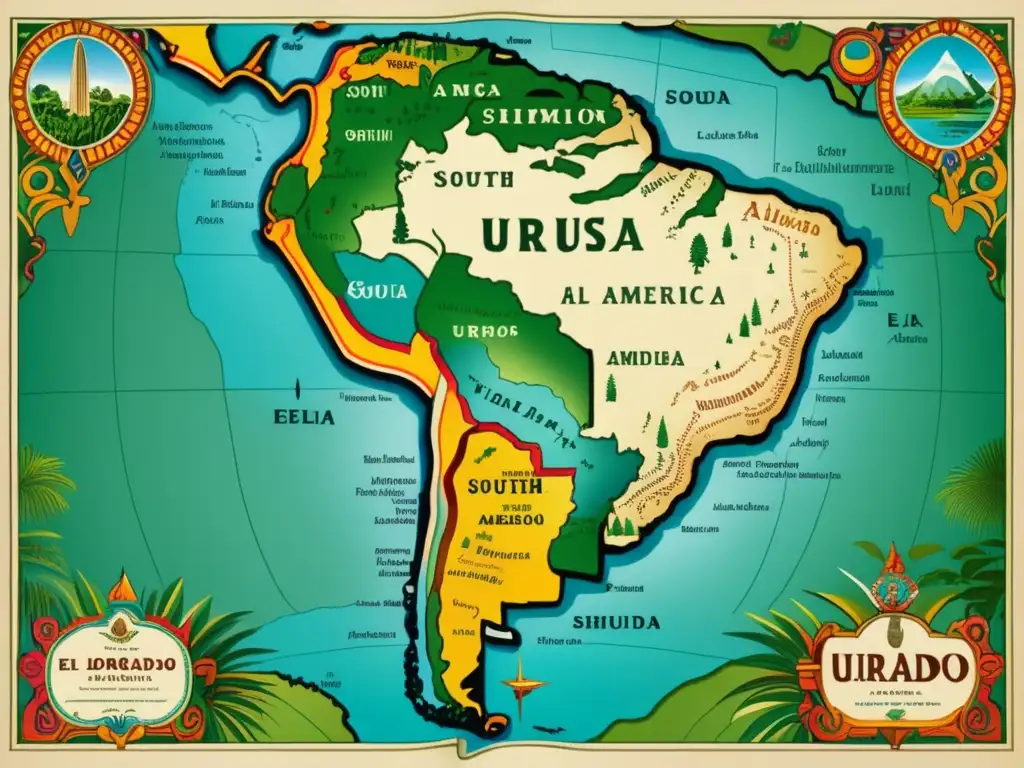 Mapa vintage de Sudamérica con la expedición de Ursúa y la leyenda de El Dorado