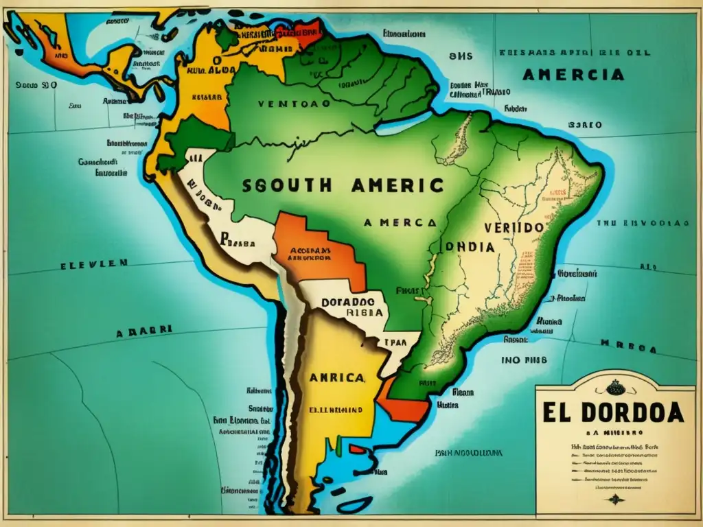 Mapa detallado de Sudamérica con el origen de la leyenda de El Dorado - El Dorado descubrimiento