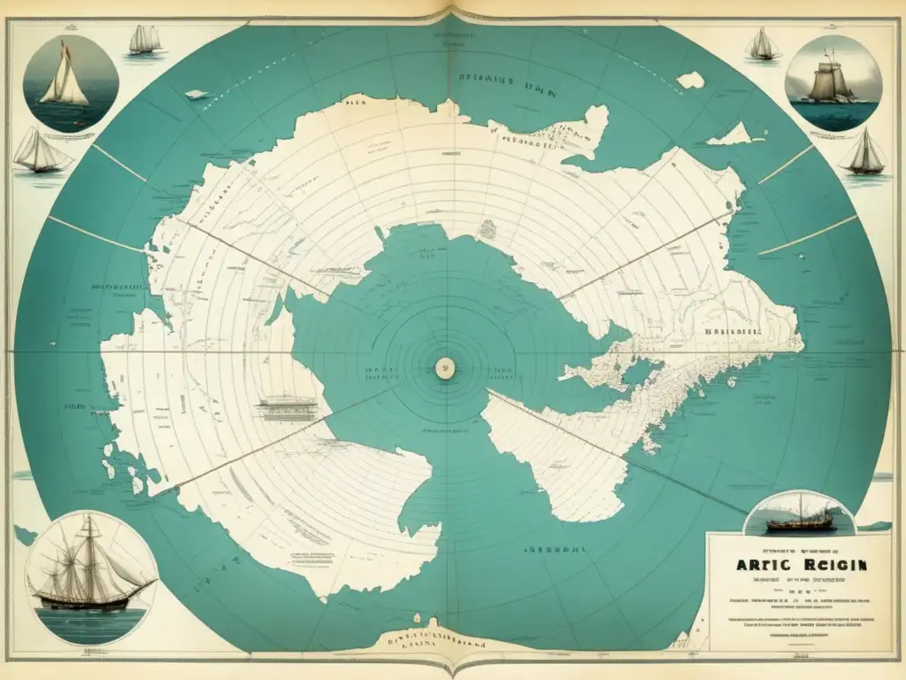 Mapa vintage del Ártico con ilustraciones detalladas de icebergs, osos polares y barcos