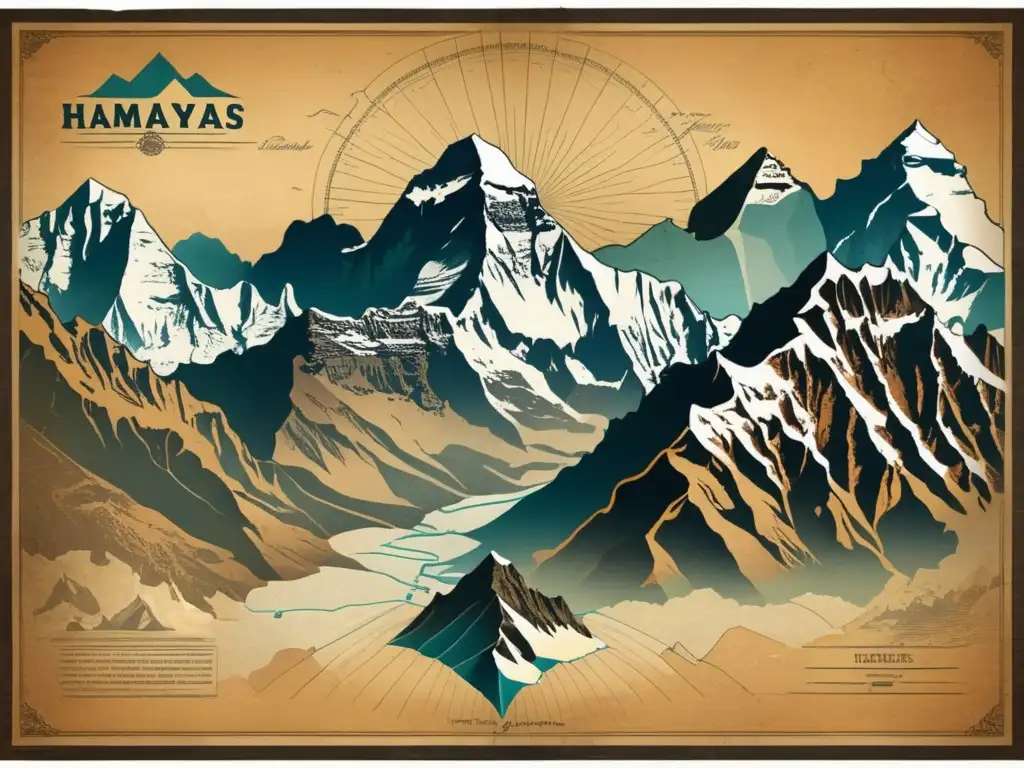 Vintage mapa del Himalaya con el épico Monte Everest y la expedición de Mallory