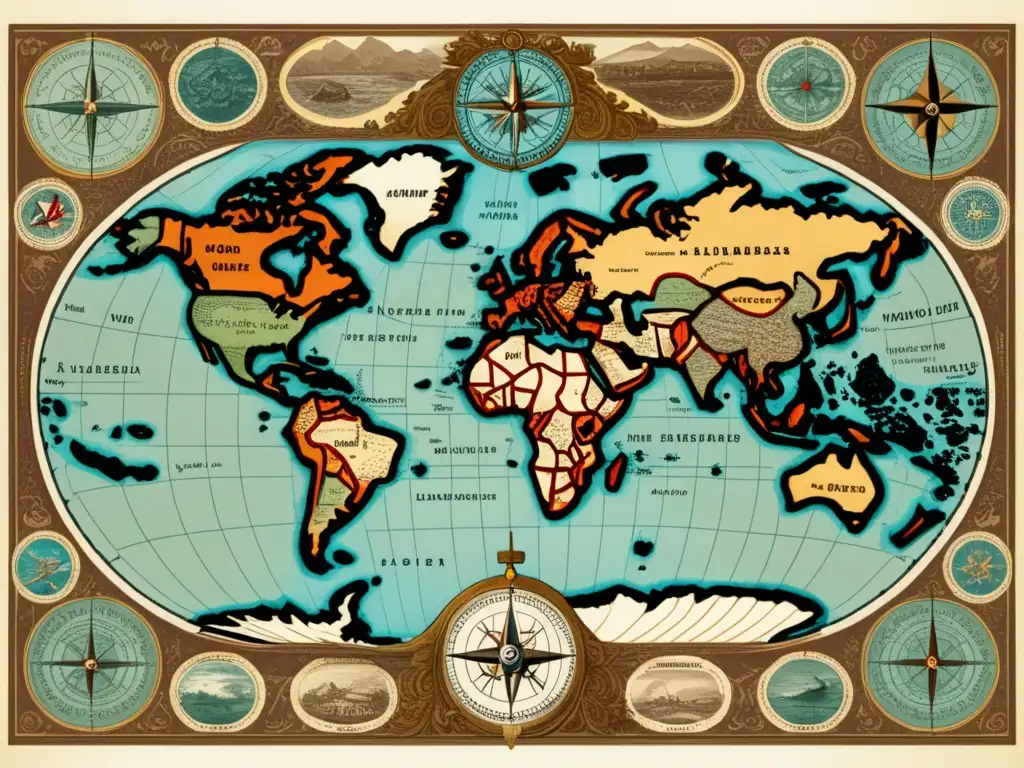 Mapa vintage del mundo con detalles detallados y tonos sepia, que destaca descubrimiento de nuevas materias primas