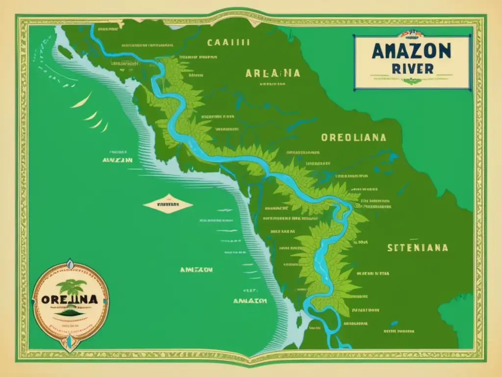 Mapa vintage del río Amazonas y su historia: Orellana y la biodiversidad