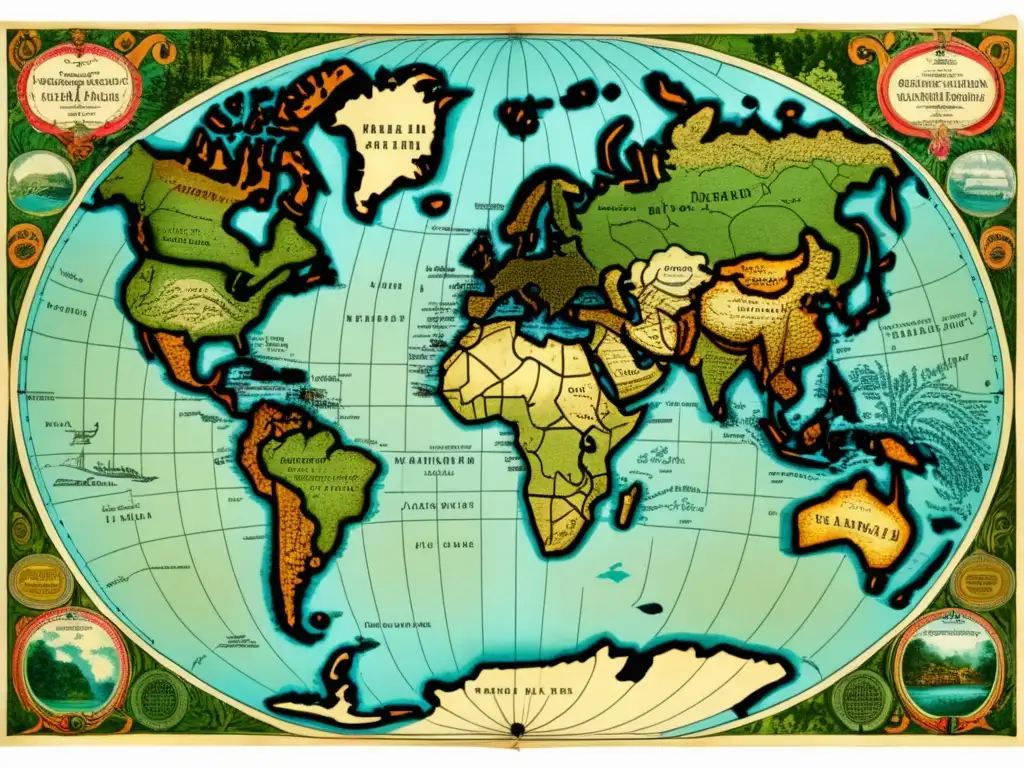 Mapa vintage del mundo con detalles e ilustraciones