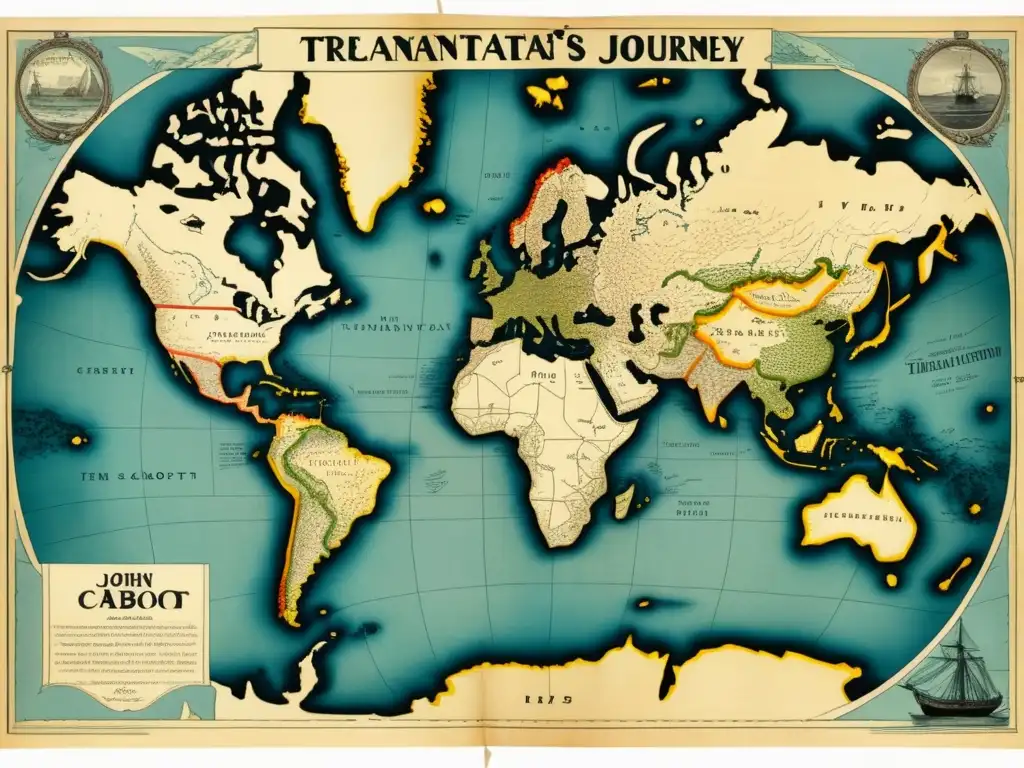 Mapa vintage de la expedición transatlántica de John Cabot: Las expediciones de John Cabot y su impacto en la historia de América