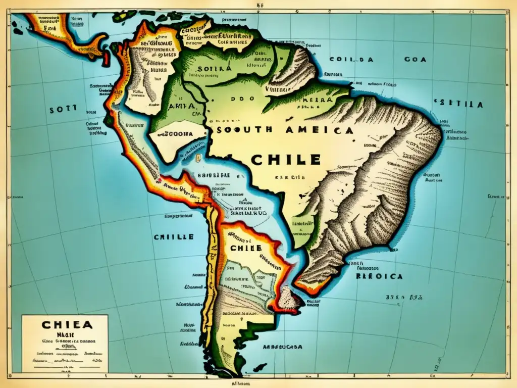 Detallado mapa vintage de Sudamérica destacando Chile, con rutas de Diego de Almagro y elementos históricos