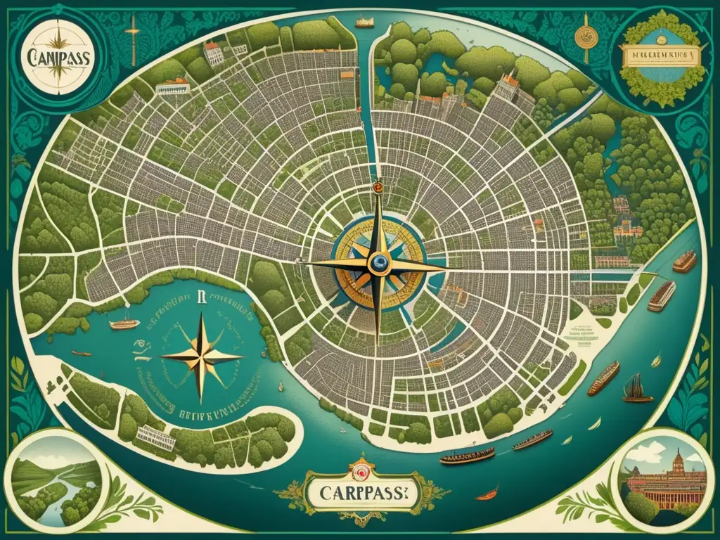 Mapa vintage de una ciudad bulliciosa - Mapa urbano detallado y colorido con elementos decorativos cartográficos