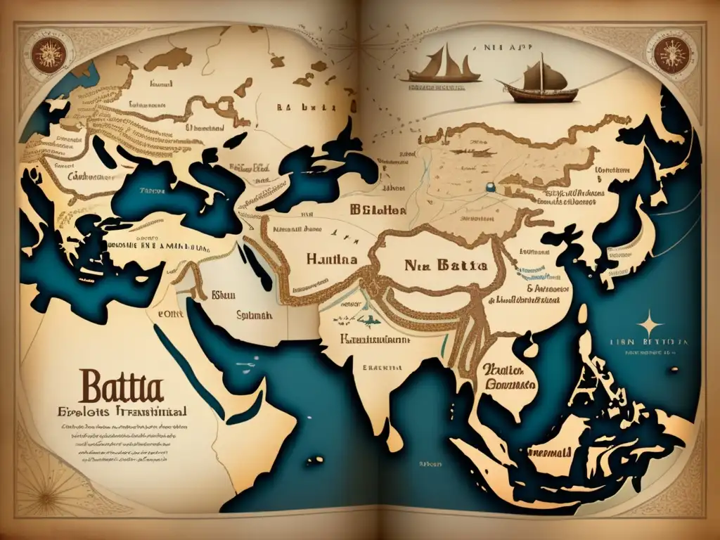 Mapa detallado de los viajes de Ibn Battuta, con tonos sepia y ilustraciones de barcos y camellos