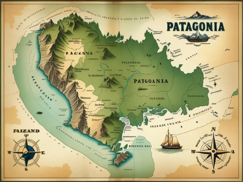 Mapa vintage detallado de la Patagonia con paisajes fascinantes y rica historia