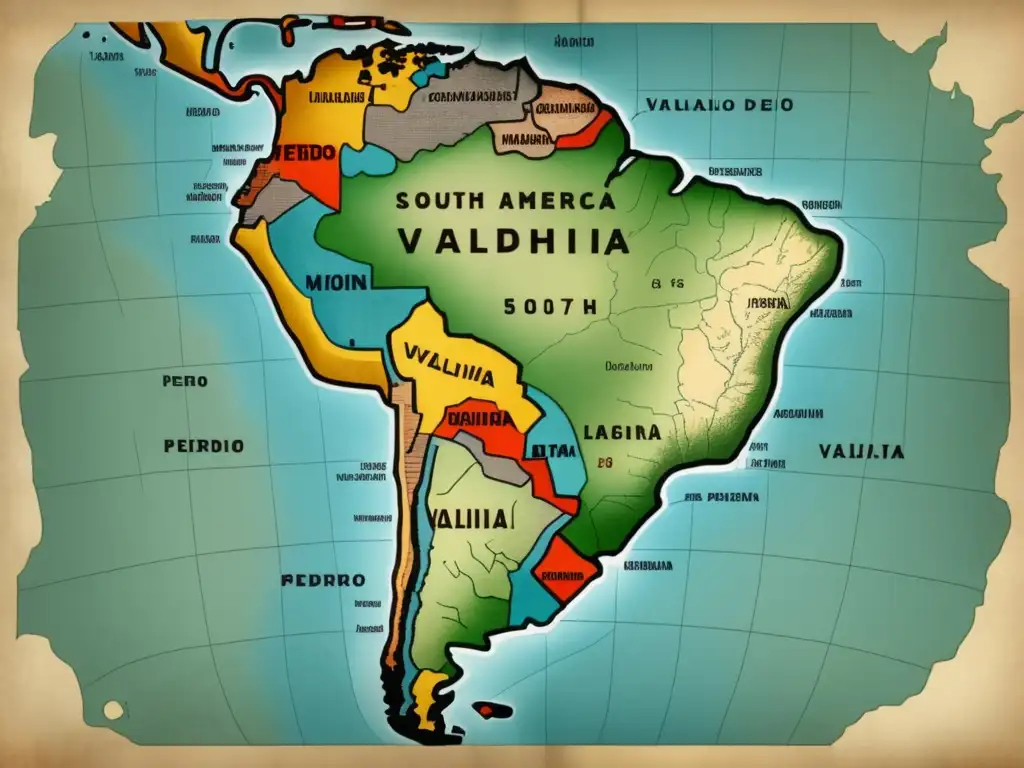 Mapa vintage de Sudamérica explorada y conquistada por Pedro de Valdivia