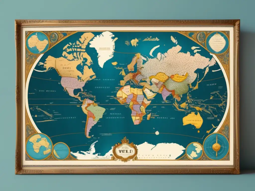 Mapa antiguo del mundo con detalles y colores delicados, enmarcado en oro y con etiquetas de países y ciudades elegantes