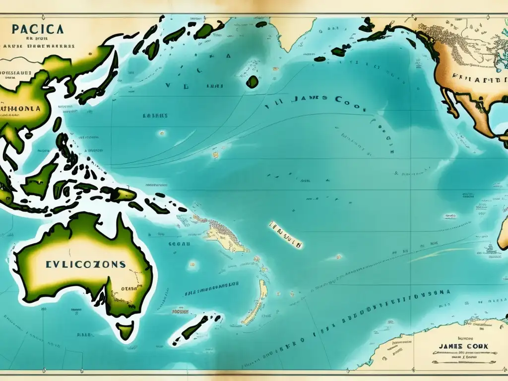 Mapa detallado vintage del Océano Pacífico y las expediciones de James Cook